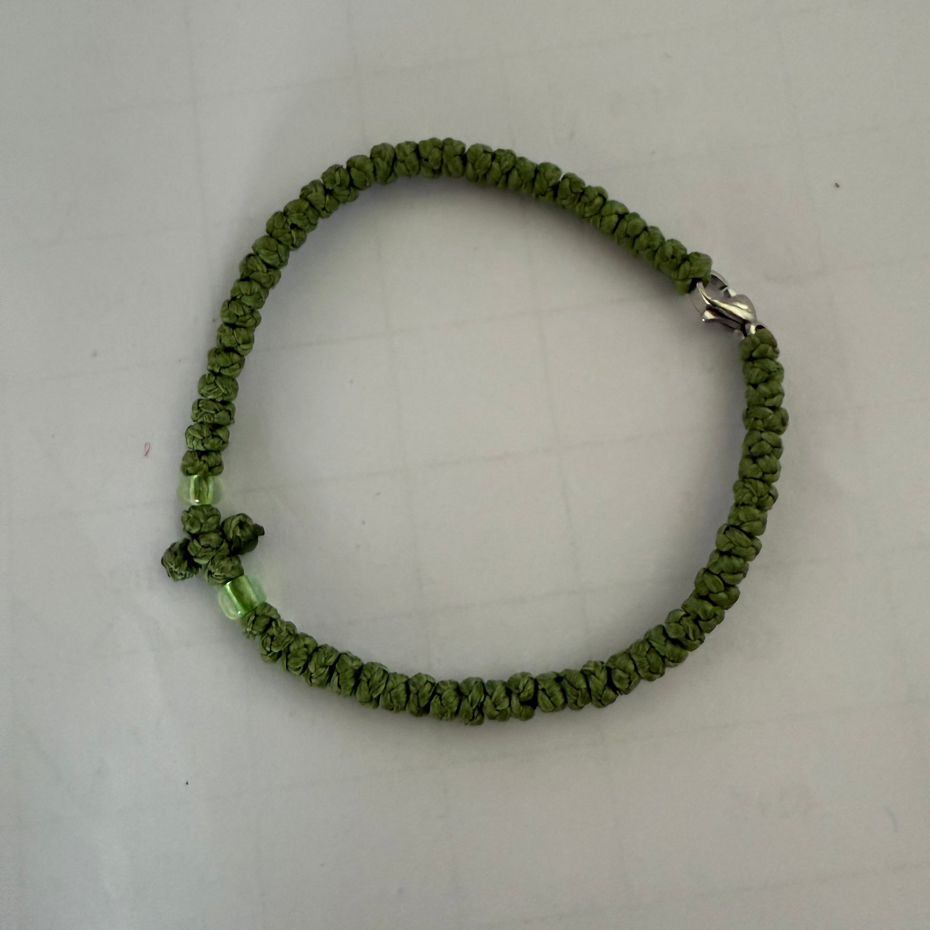 66 Knot wax rope Green Prayer bracelet with alloy clasp